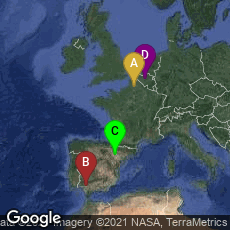 Overview map of Corbie, Hauts-de-France, France,Sevilla, Andalucía, Spain,Zaragoza, Aragón, Spain,Brussel, Brussels Hoofdstedelijk Gewest, Belgium