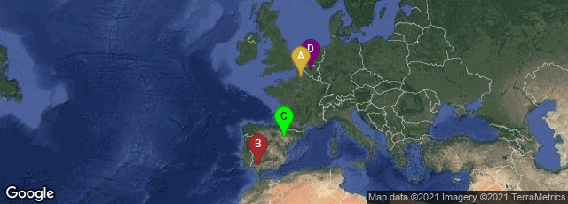 Detail map of Corbie, Hauts-de-France, France,Sevilla, Andalucía, Spain,Zaragoza, Aragón, Spain,Brussel, Brussels Hoofdstedelijk Gewest, Belgium
