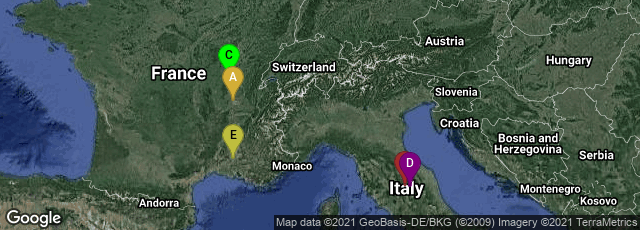 Detail map of Lyon, Auvergne-Rhône-Alpes, France,Perugia, Umbria, Italy,Cluny, Bourgogne-Franche-Comté, France,Assisi, Umbria, Italy,Avignon, Provence-Alpes-Côte d