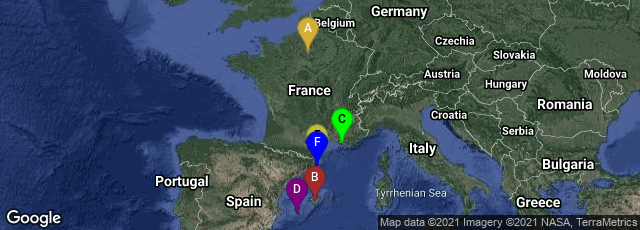 Detail map of Paris, Île-de-France, France,Illes Balears, Spain,Marseille, Provence-Alpes-Côte d