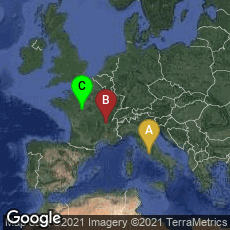 Overview map of Roma, Lazio, Italy,Lyon, Auvergne-Rhône-Alpes, France,Tours, Centre-Val de Loire, France