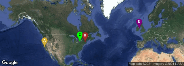 Detail map of Mountain View, California, United States,Amherst, Massachusetts, United States,Buffalo, New York, United States,Artane - Whitehall, Dublin, County Dublin, Ireland