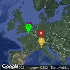 Overview map of Bobbio, Emilia-Romagna, Italy,Reichenau, Reichenau, Baden-Württemberg, Germany,Saint-Riquier, Hauts-de-France, France,Saint-Omer, Hauts-de-France, France