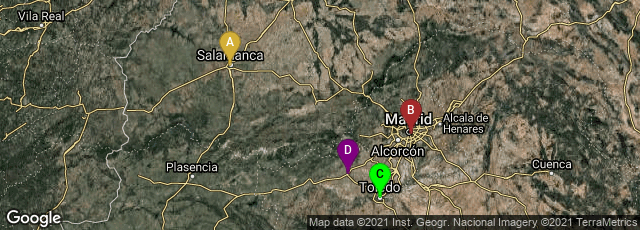 Detail map of Salamanca, Castilla y León, Spain,Madrid, Comunidad de Madrid, Spain,Toledo, Castilla-La Mancha, Spain,Maqueda, Castilla-La Mancha, Spain