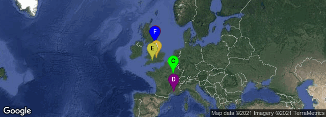 Detail map of Oxford, England, United Kingdom,Durham, England, United Kingdom,Brienne-le-Château, Grand Est, France,Avignon, Provence-Alpes-Côte d