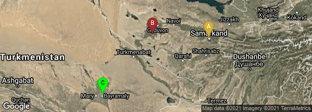 Detail map of Samarqand, Samarqand viloyati, Uzbekistan,Buxoro, Buxoro Viloyati, Uzbekistan,Turkmenistan, Merw, Mary