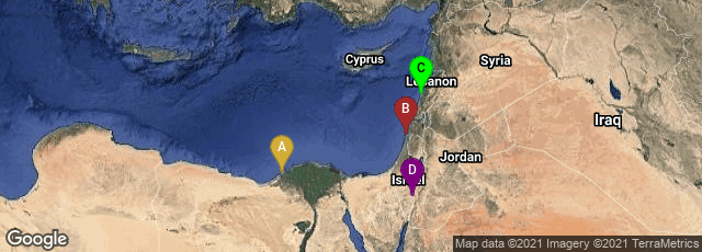 Detail map of Alexandria Governorate, Egypt,Caesarea, Haifa District, Israel,Bayrut, Beirut Governorate, Lebanon,South District, Israel