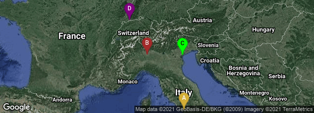 Detail map of Roma, Lazio, Italy,Milano, Lombardia, Italy,Venezia, Veneto, Italy,Rosental, Basel, Basel-Stadt, Switzerland