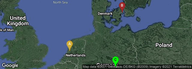 Detail map of Amsterdam-Centrum, Amsterdam, Noord-Holland, Netherlands,København V, København, Denmark,Jena, Thüringen, Germany