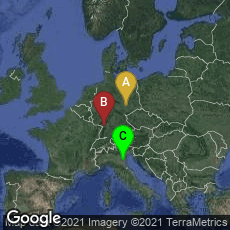 Overview map of Mitte, Leipzig, Sachsen, Germany,Innenstadt-Ost, Karlsruhe, Baden-Württemberg, Germany,Pontecchio Polesine, Veneto, Italy