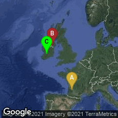 Overview map of Montagoudin, Nouvelle-Aquitaine, France,Armagh, Northern Ireland, United Kingdom,Limerick, County Limerick, Ireland